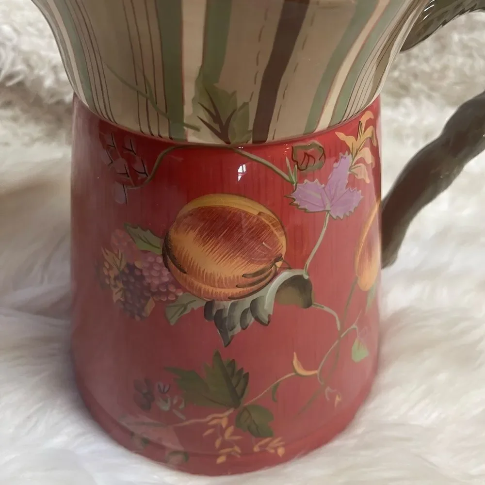 Tracy Porter Octavia Hill Fruit Floral Burnt Red Ceramic Pottery Water Pitcher.